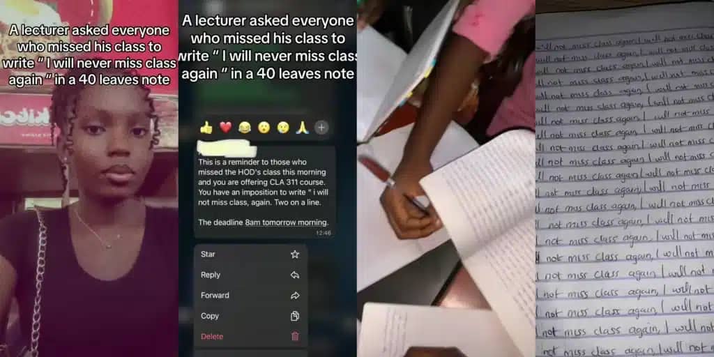 “I Will Never Miss Class Again”: Drama As Varsity Lecturer Forces Absent Students To Fill 40-Leaf Notebook As Punishment