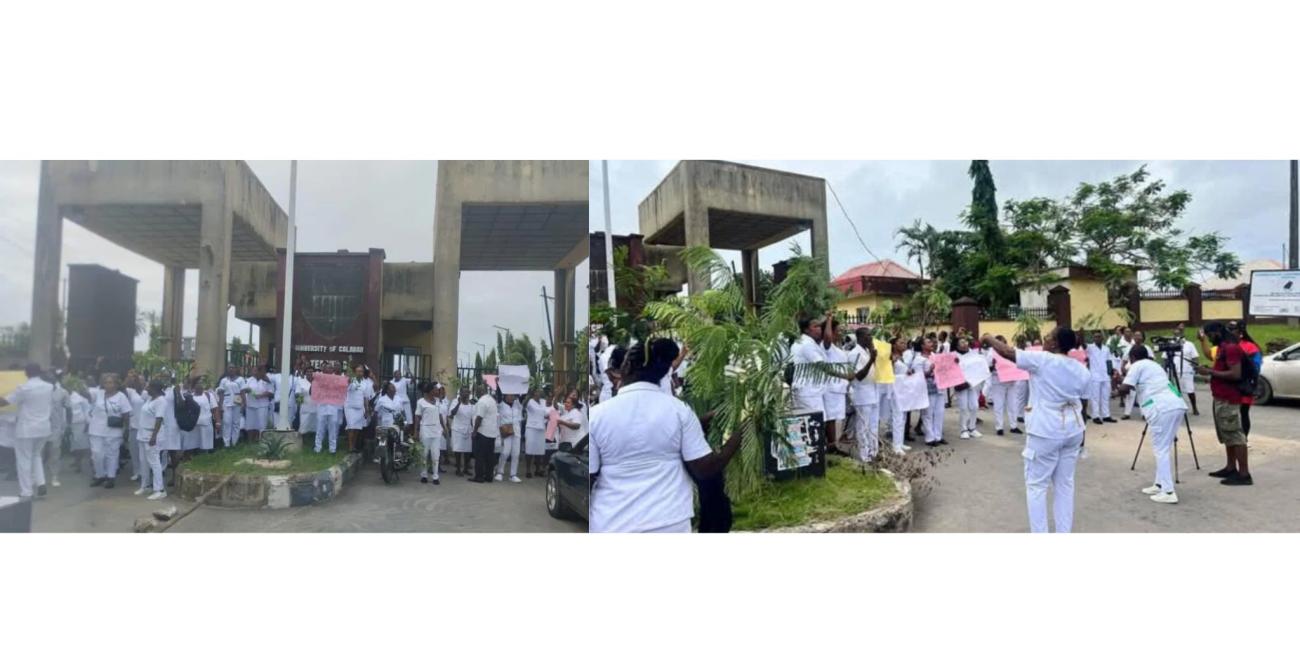 UNICAL Nurses Stage Protest Over Arrest Of Colleagues By Police After Death Of Patient
