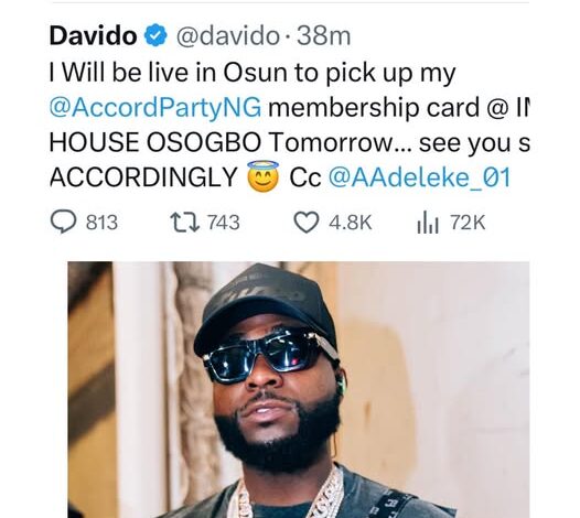 Davido To Pick Up Accord Party Membership Card Wednesday