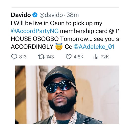 Davido To Pick Up Accord Party Membership Card Wednesday