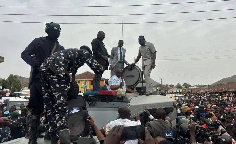 Reactions As Plateau Governor Addresses Residents From Armoured Tank After Attack
