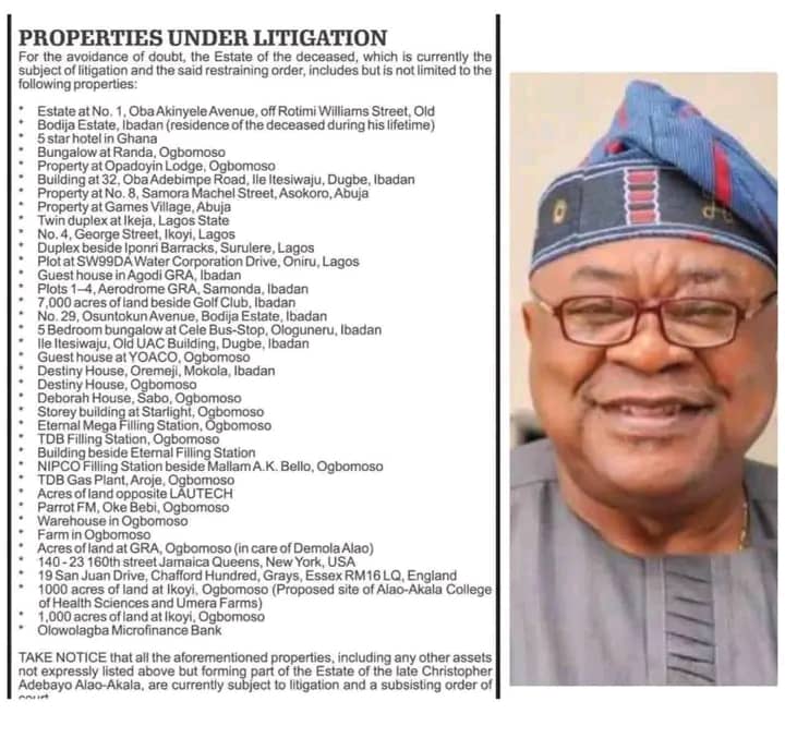 Court Restrains Alao-Akala’s Wife From Selling Late Ex-Governor’s Properties