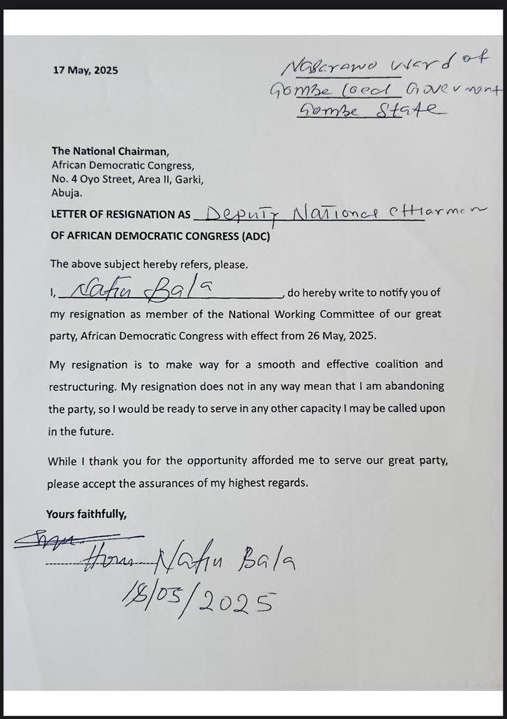 ADC Crisis: Nafiu Bala’s Alleged Resignation Letter Emerges