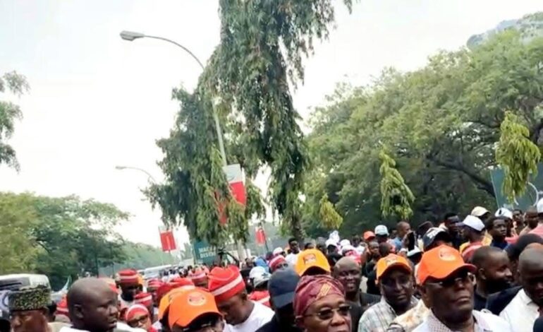 BREAKING: Protest Rocks Abuja As ADC Leaders Aregbesola, Atiku, Obi Carpet Tinubu’s Govt Over Party’s Derecognition