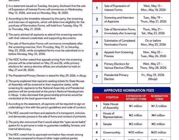 2027: NDC Releases Primary Election Timetable, Sets Presidential Form at N60m