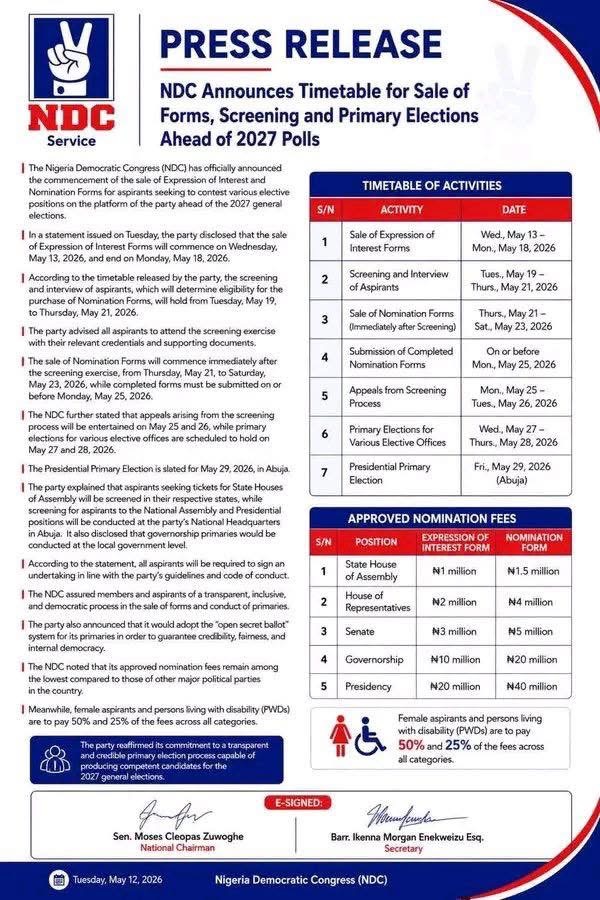 2027: NDC Releases Primary Election Timetable, Sets Presidential Form at N60m