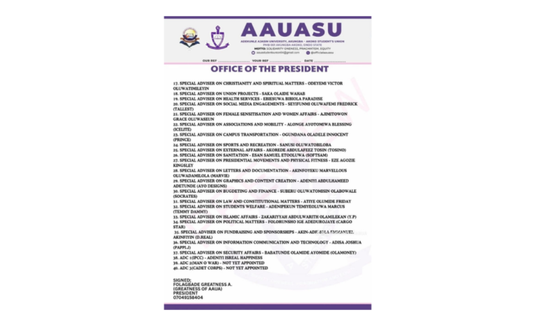 Ondo Varsity SUG President Appoints 40 Aides, Special Advisers