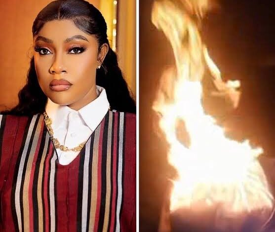 Actress Angela Okorie Under Fire for Burning Outfit Worn to Alexx Ekubo’s Burial