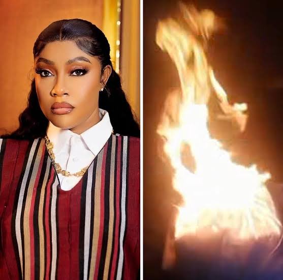 Actress Angela Okorie Under Fire for Burning Outfit Worn to Alexx Ekubo’s Burial